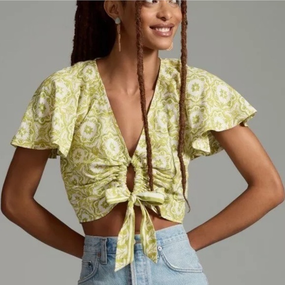 ANTHROPOLOGIE Pilcro | Flutter Sleeve Crop Top Green Motif Linen Blend - Picture 2 of 8